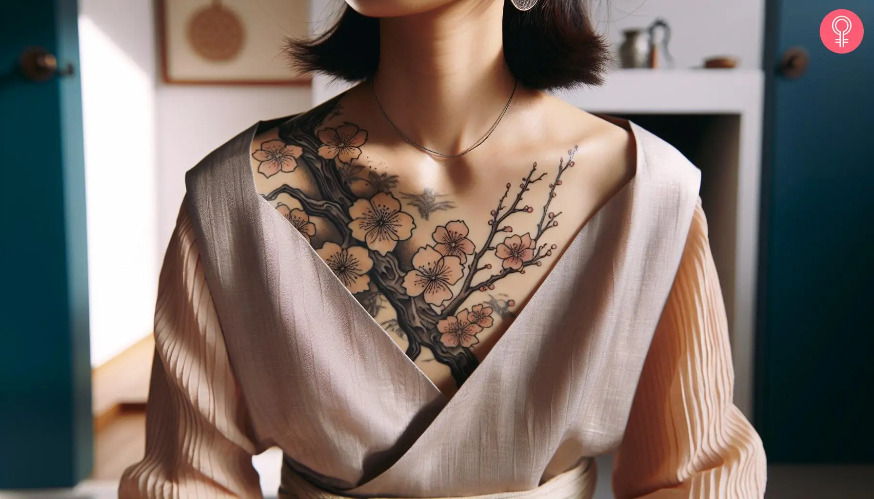 Asian chest tattoo of cherry blossoms