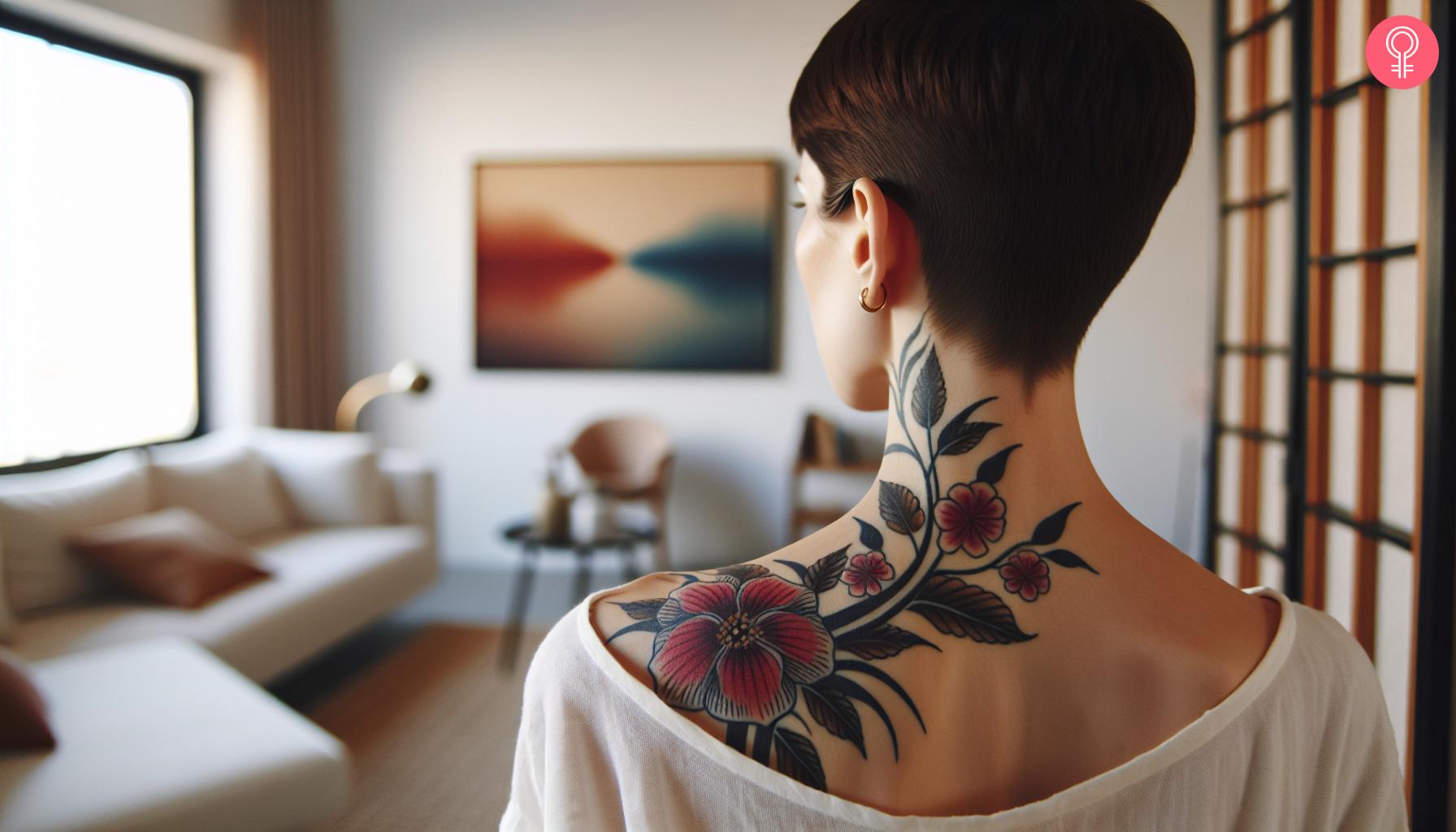 Asian flower tattoo along the side of the neckline