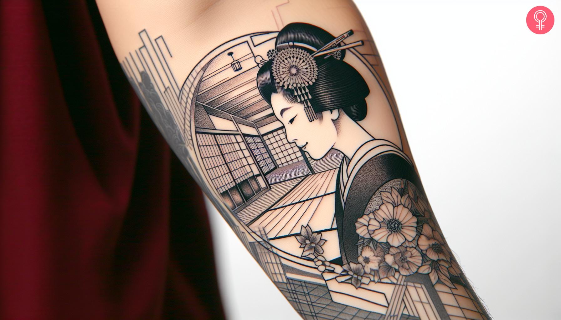 Asian forearm mask tattoo of a Geisha