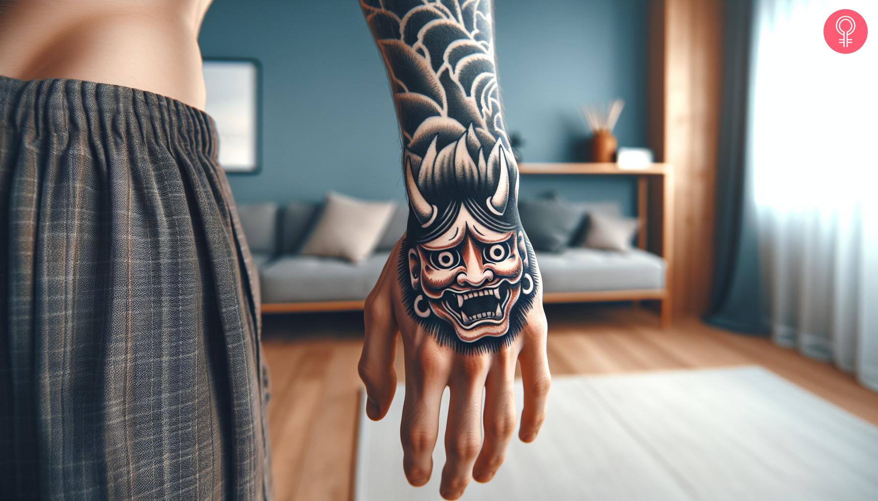 Asian hand tattoo of a hannya mask