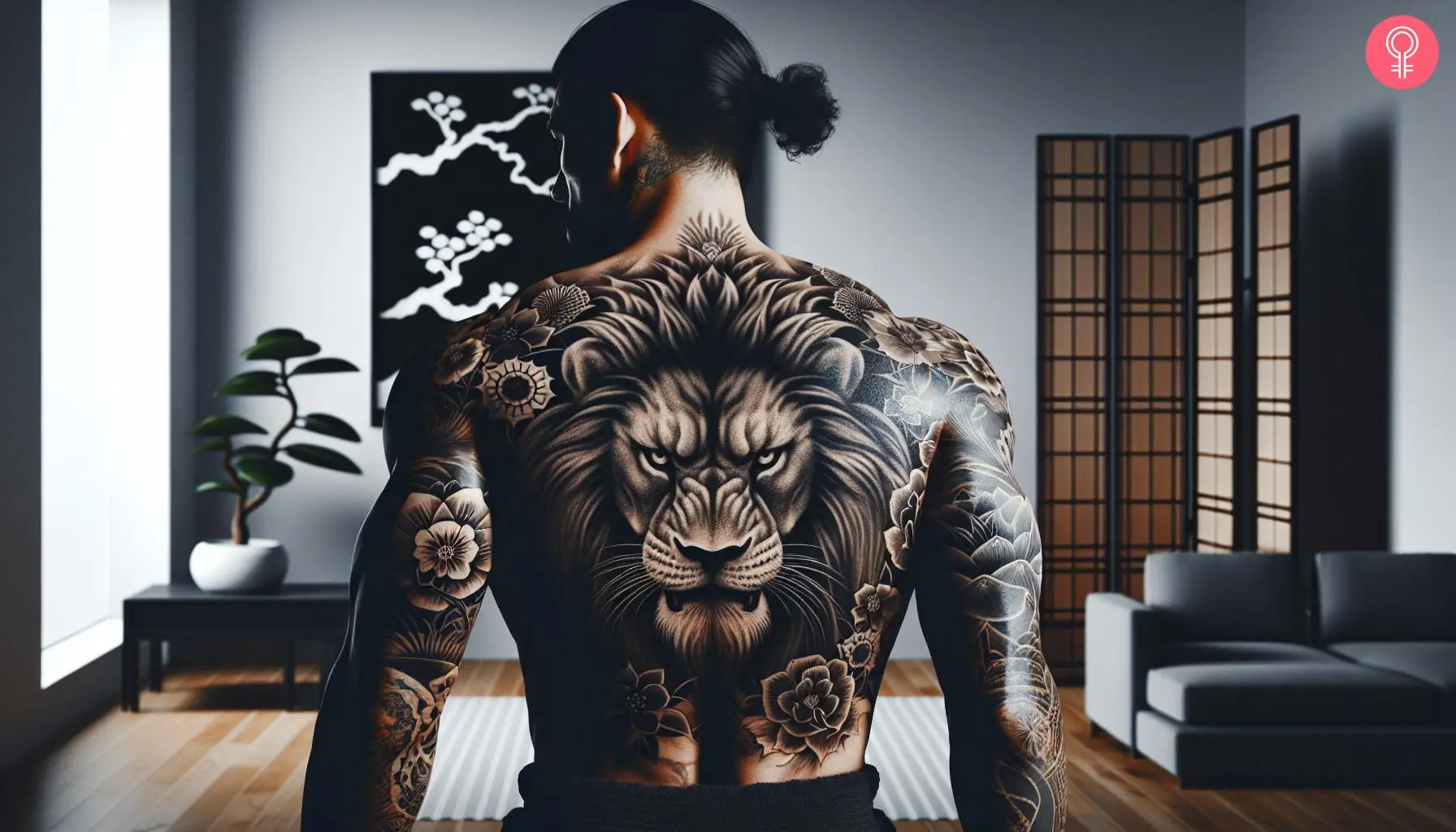 Asian lion tattoo on the back of a man