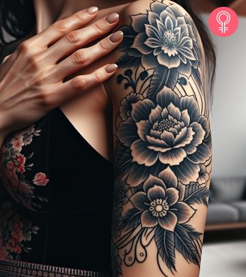 Japanese temple tattoo on the arm of a woman