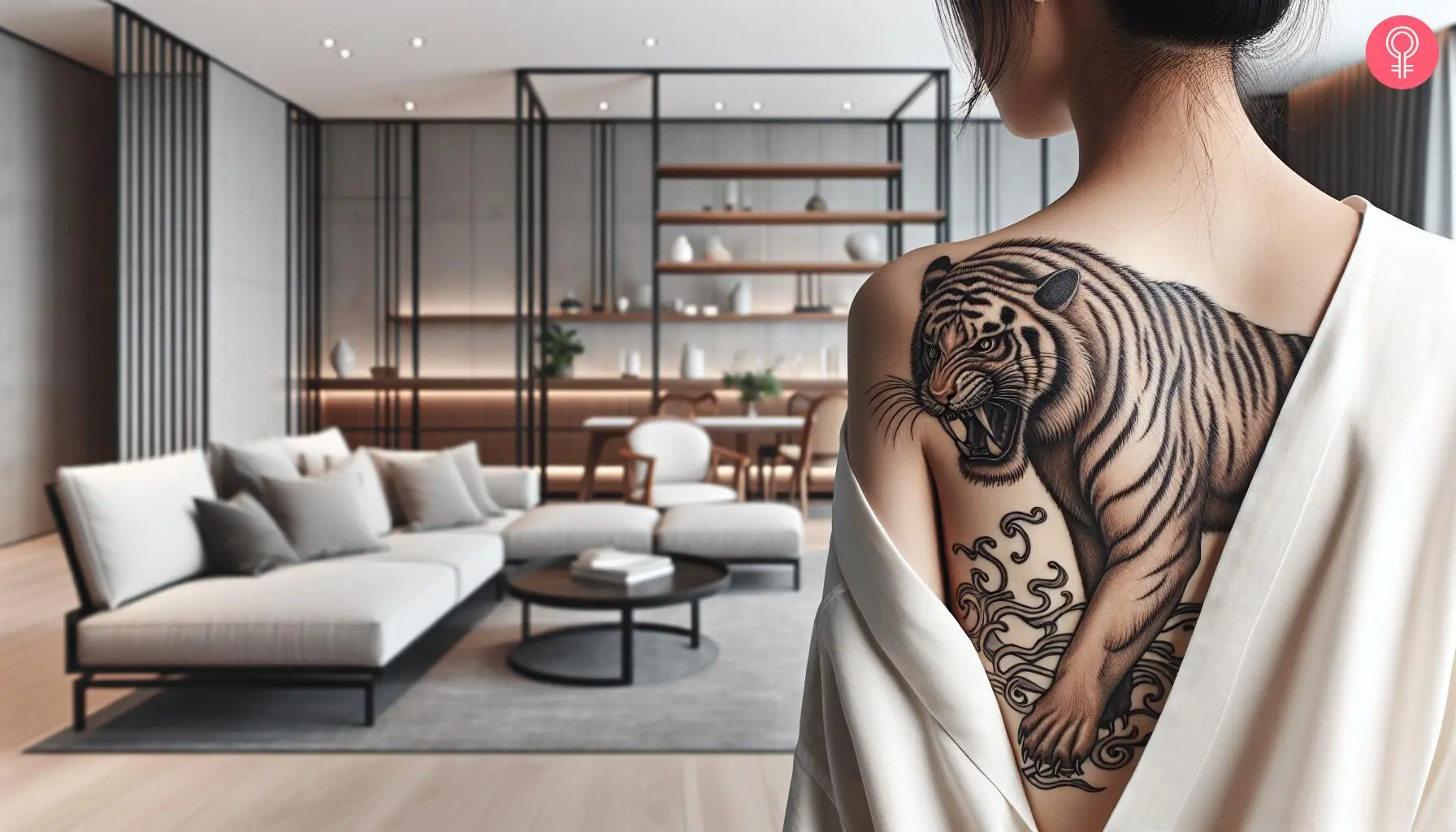 Asian tiger tattoo on the shoulder blade of a woman