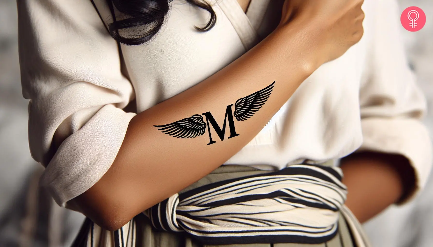 Astonishing M letter tattoo design with wings on the forearm