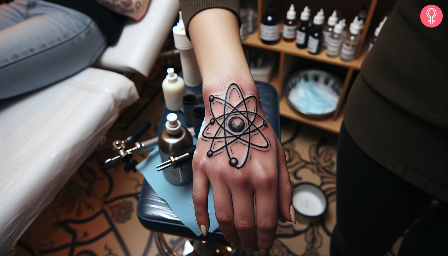 Atom tattoo drawing on the back of the hand of a woman