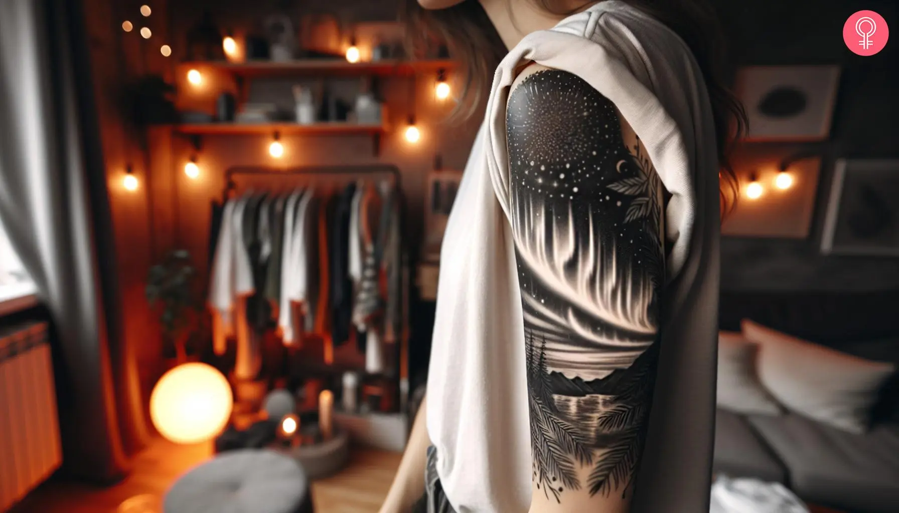 Aurora Borealis black-and-white tattoo on the upper arm