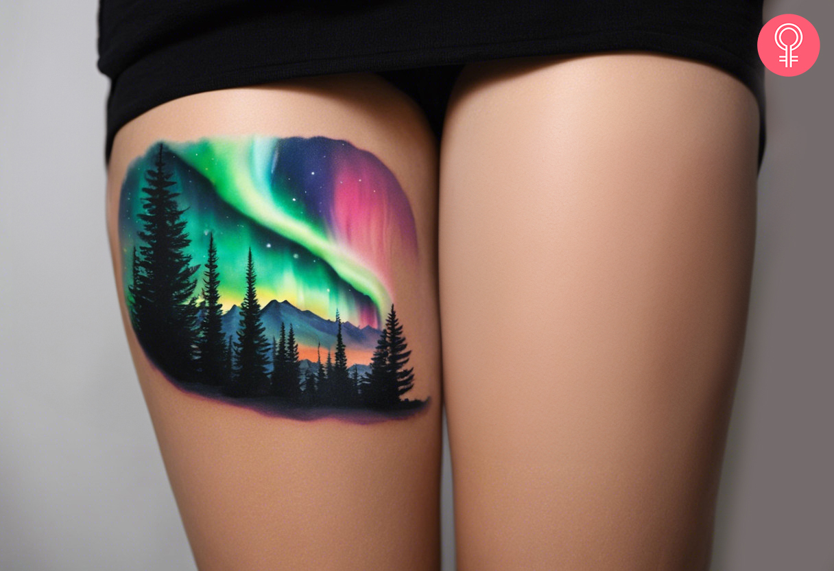 Aurora tattoo on the thigh