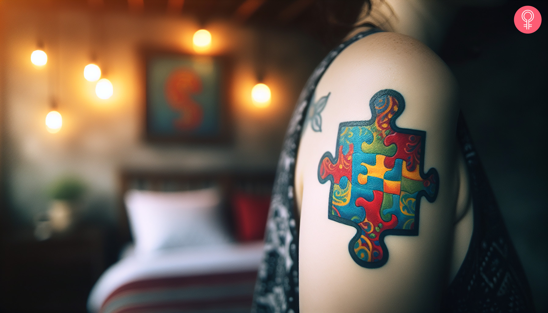 A single puzzle piece in different colored inks on the upper arm