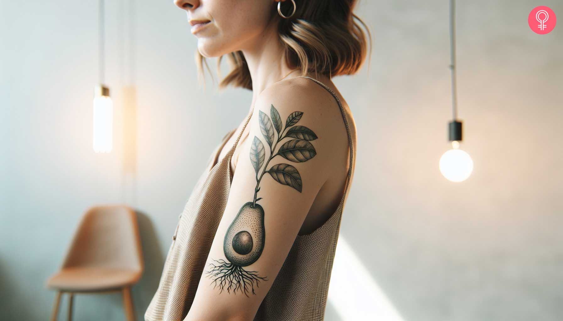 Avocado tree tattoo on the upper arm of a woman