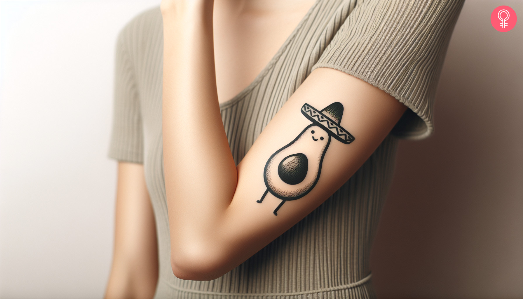 Avocado with a sombrero tattooed on the upper arm of a woman