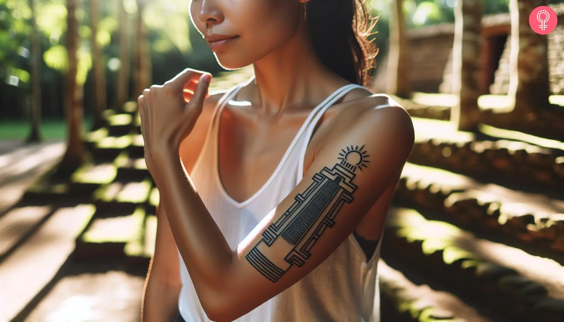 Aztec temple tattoo on a woman’s upper arm