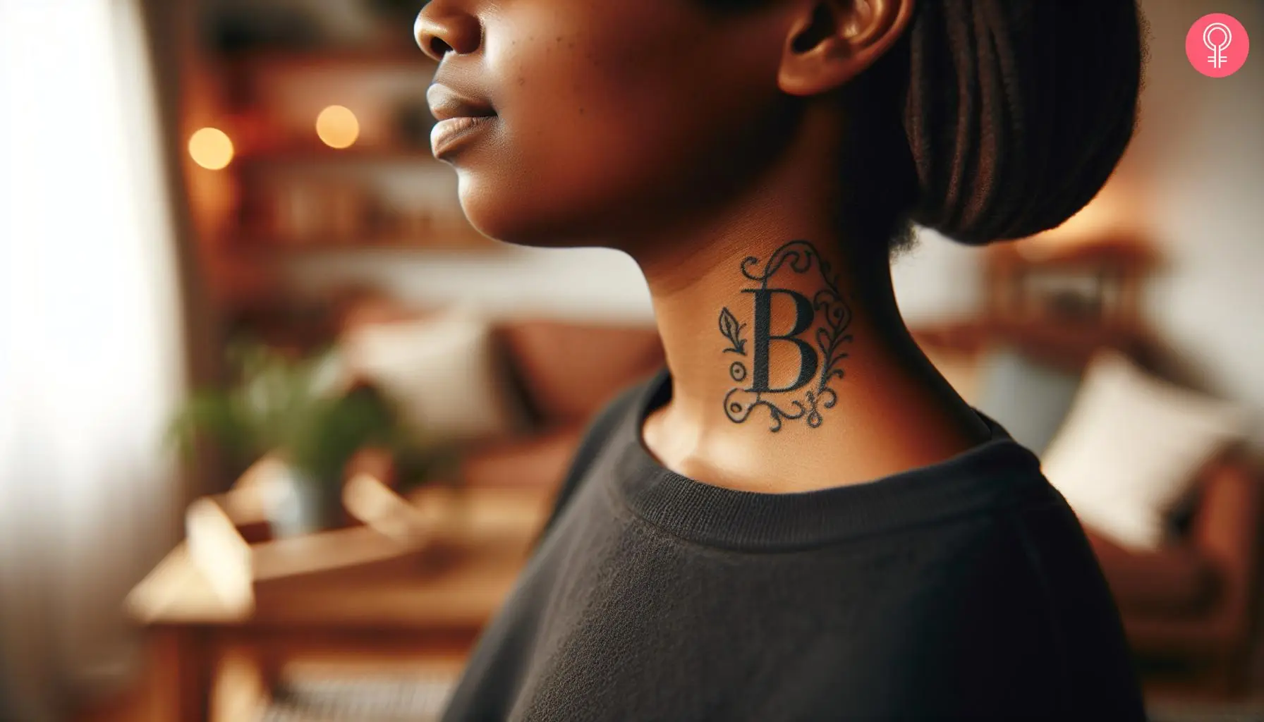 B letter tattoo on a woman’s neck