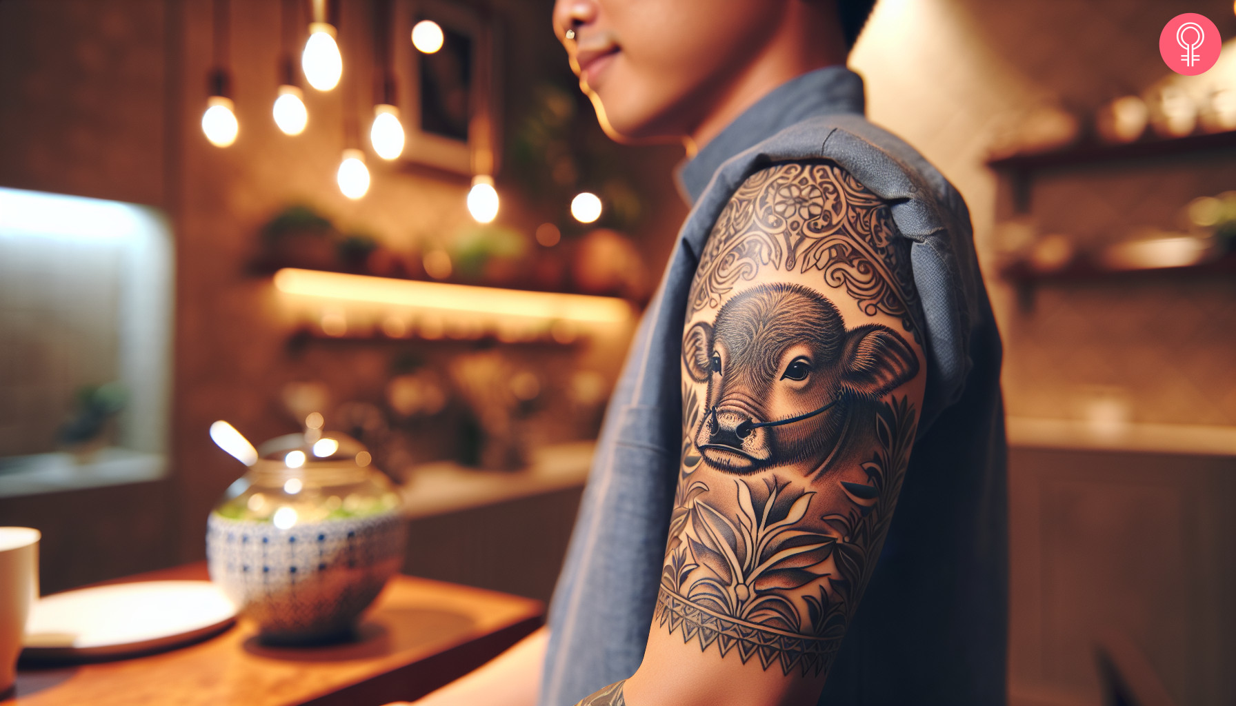 Baby Ox tattoo on the upper arm