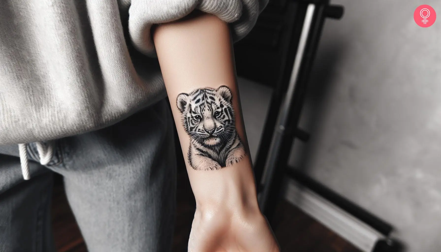 A baby white tiger tattoo on the wrist