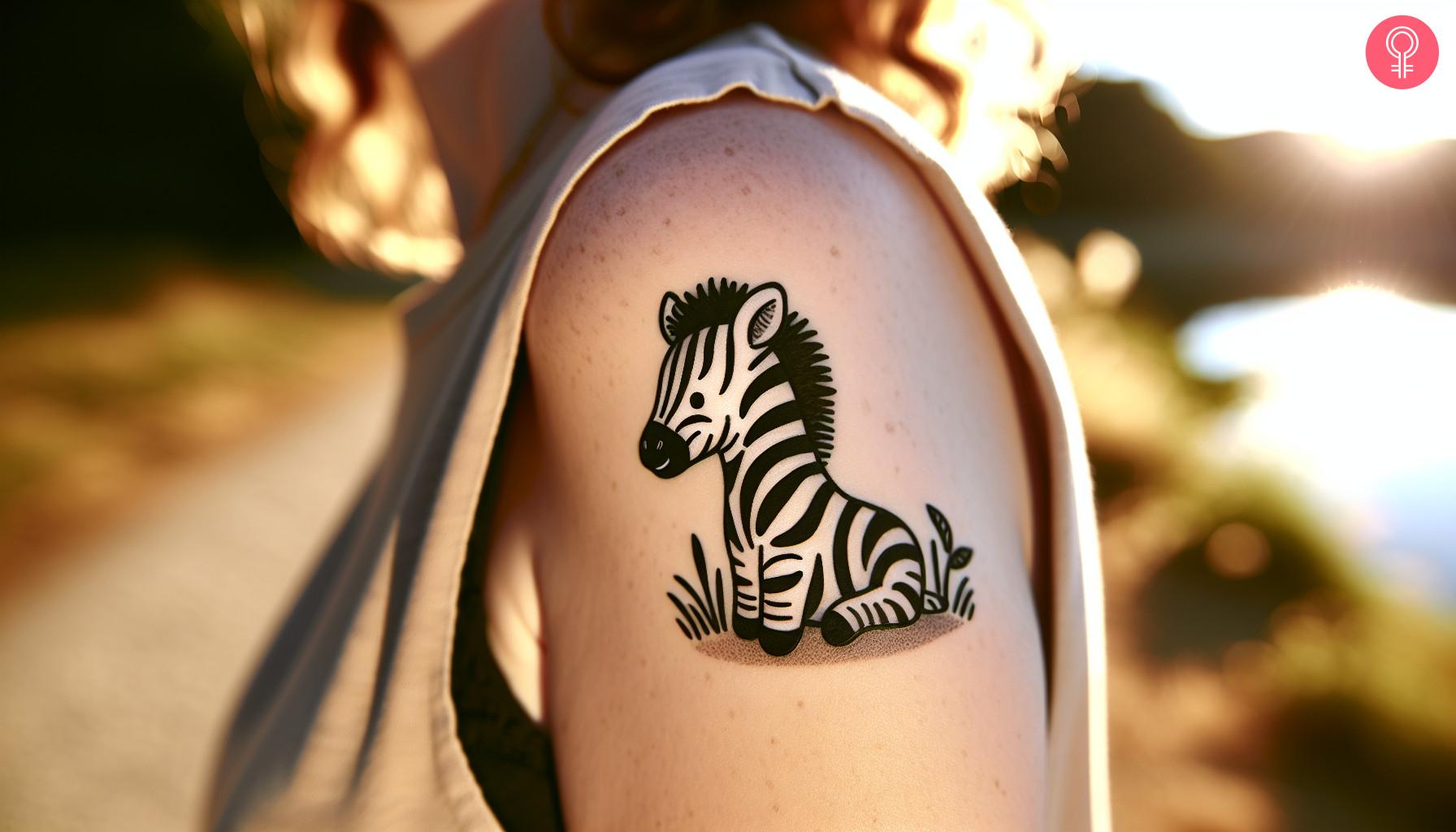 A baby zebra tattoo design on the upper arm