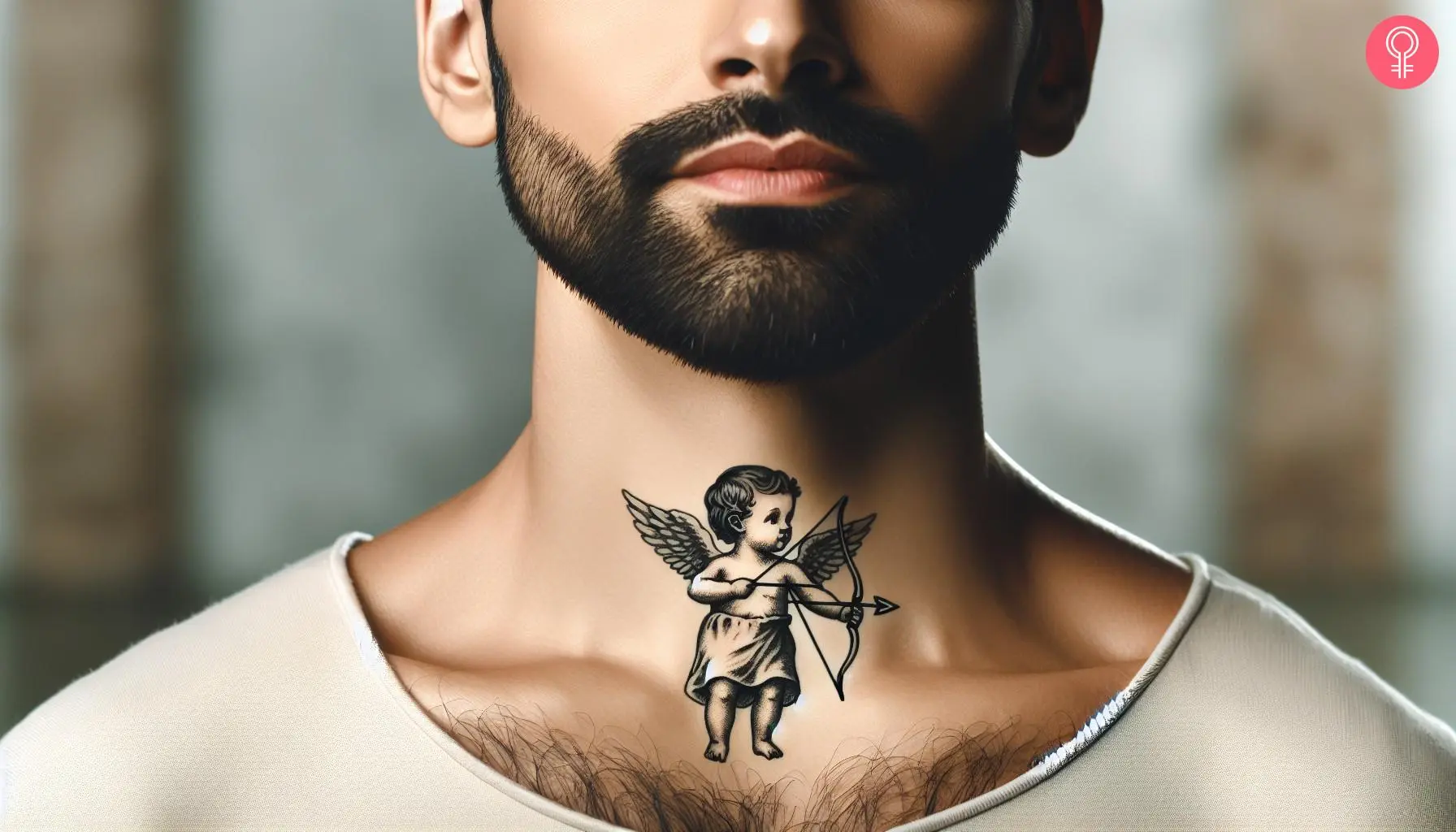 Baby angel with bow and arrow tattoo on the neck of a man