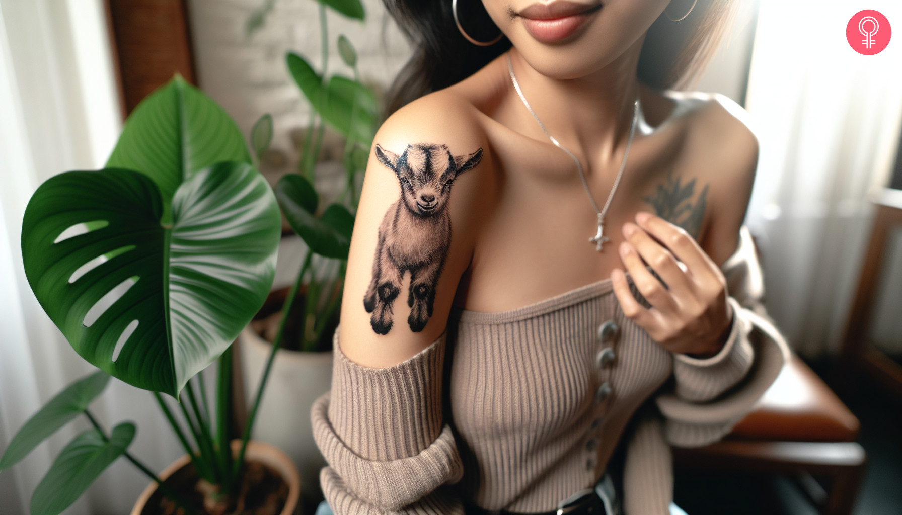 Baby goat tattoo on the upper arm