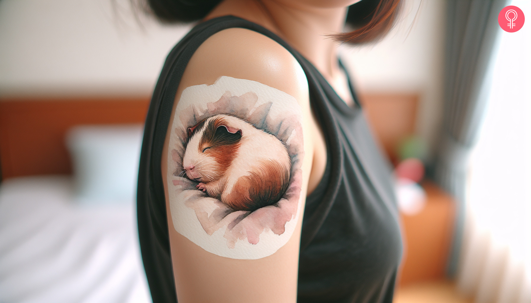 Baby guinea pig tattoo on the upper arm of a woman