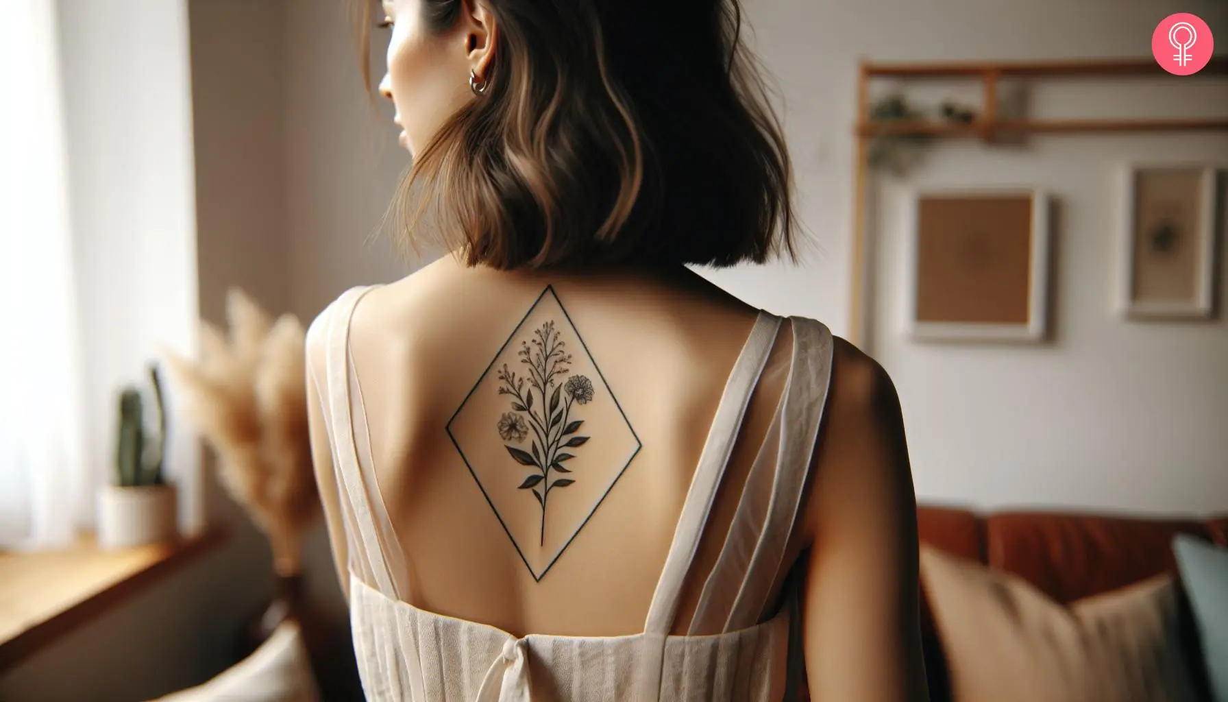 A minimalist diamond-shaped frame tattoo on the back