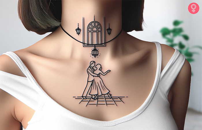 A woman wearing a ‘ballroom dance’ tattoo on the front neck