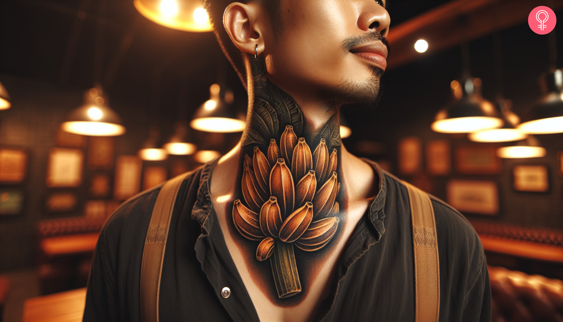 Banana bunch tattoo on the neck of a man