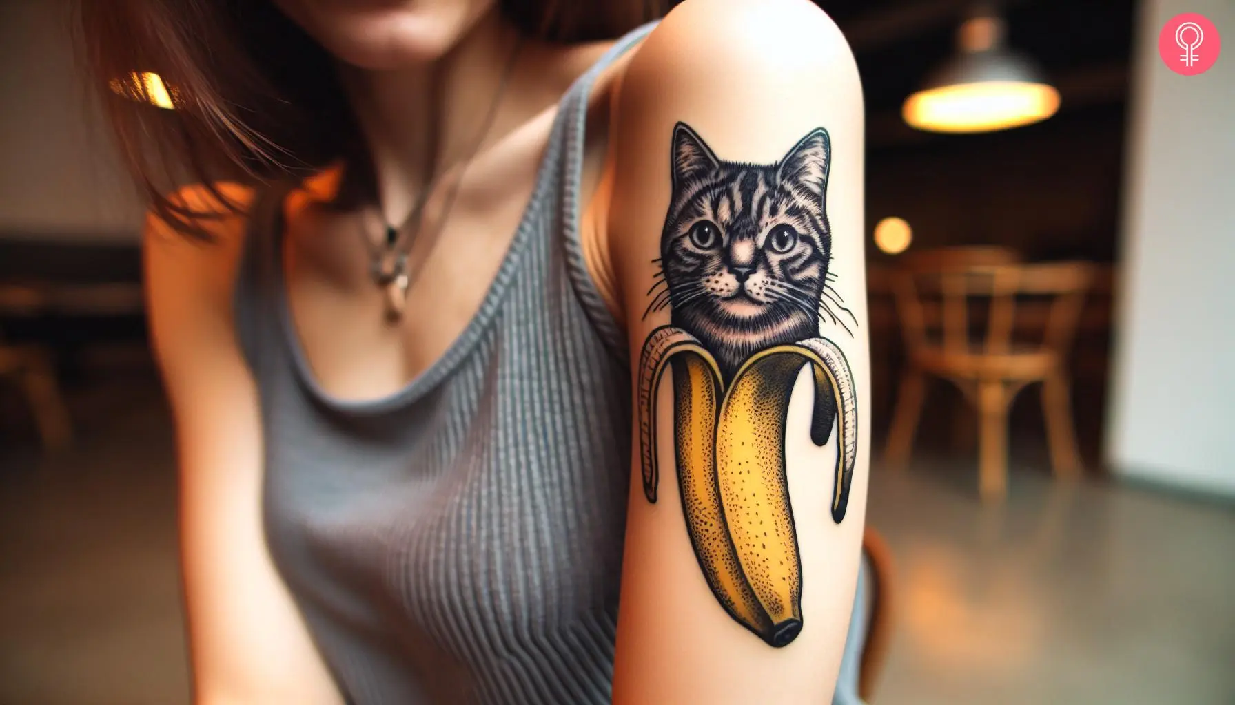 Banana cat tattoo on the arm of a woman