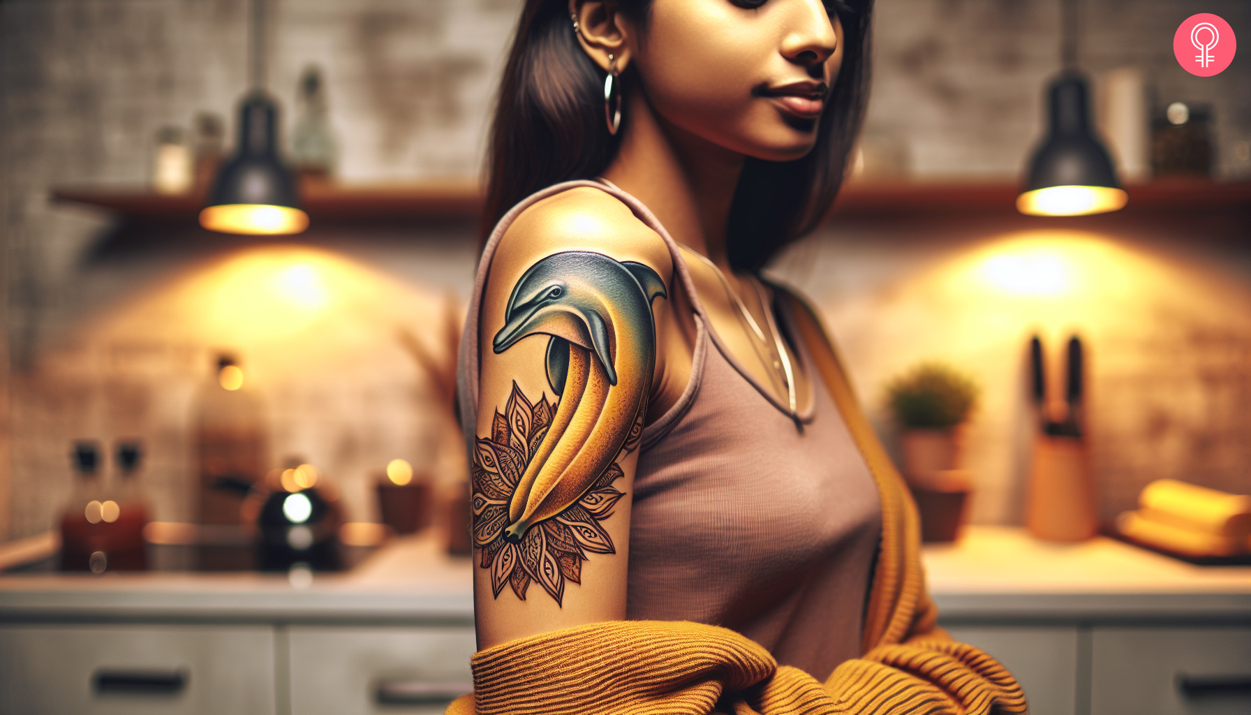 Banana dolphin tattoo on the arm of a woman