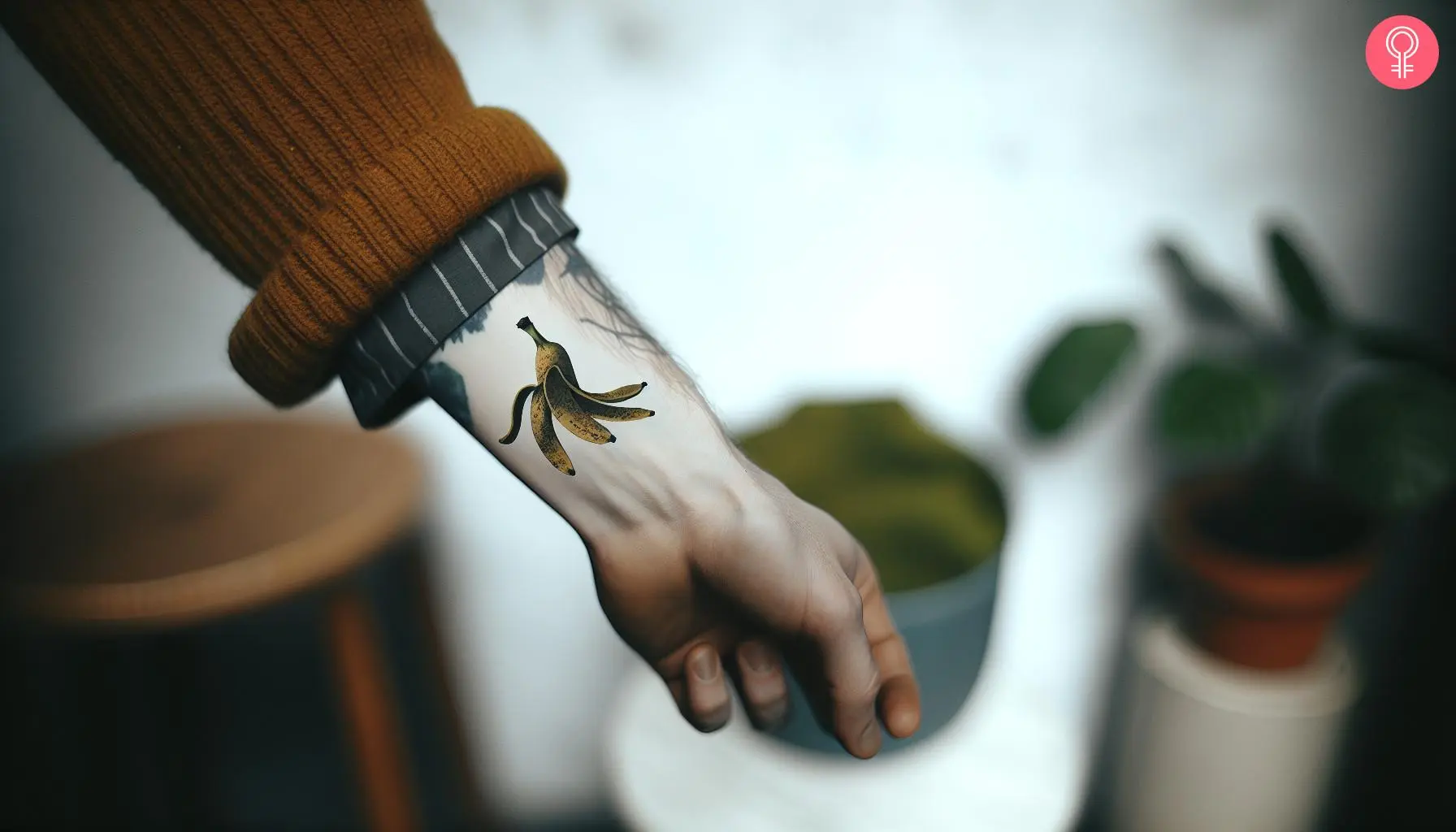 Banana peel tattoo on the wrist of a man