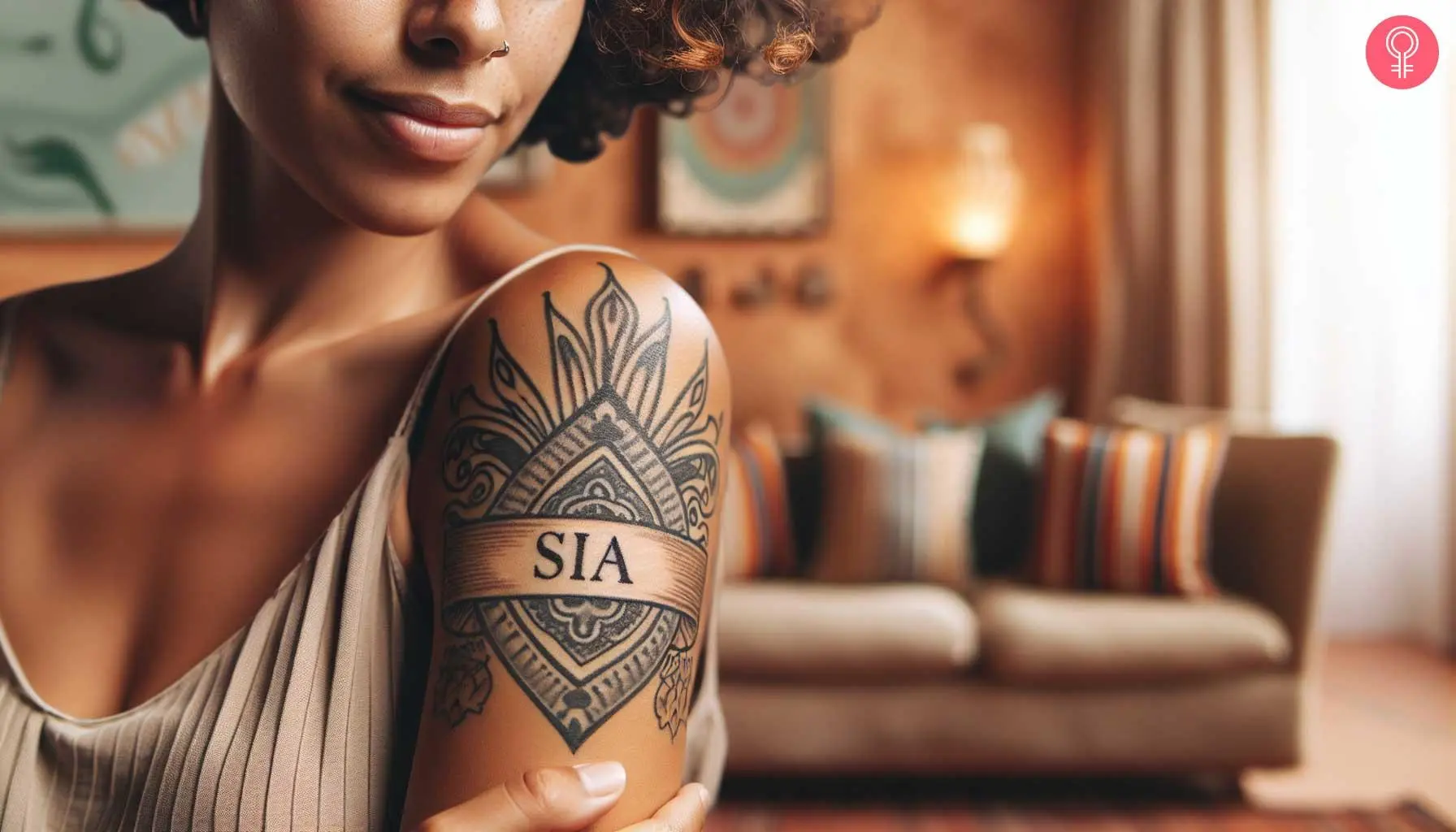 Banner tattoo with the name ‘SIA’ on the shoulder