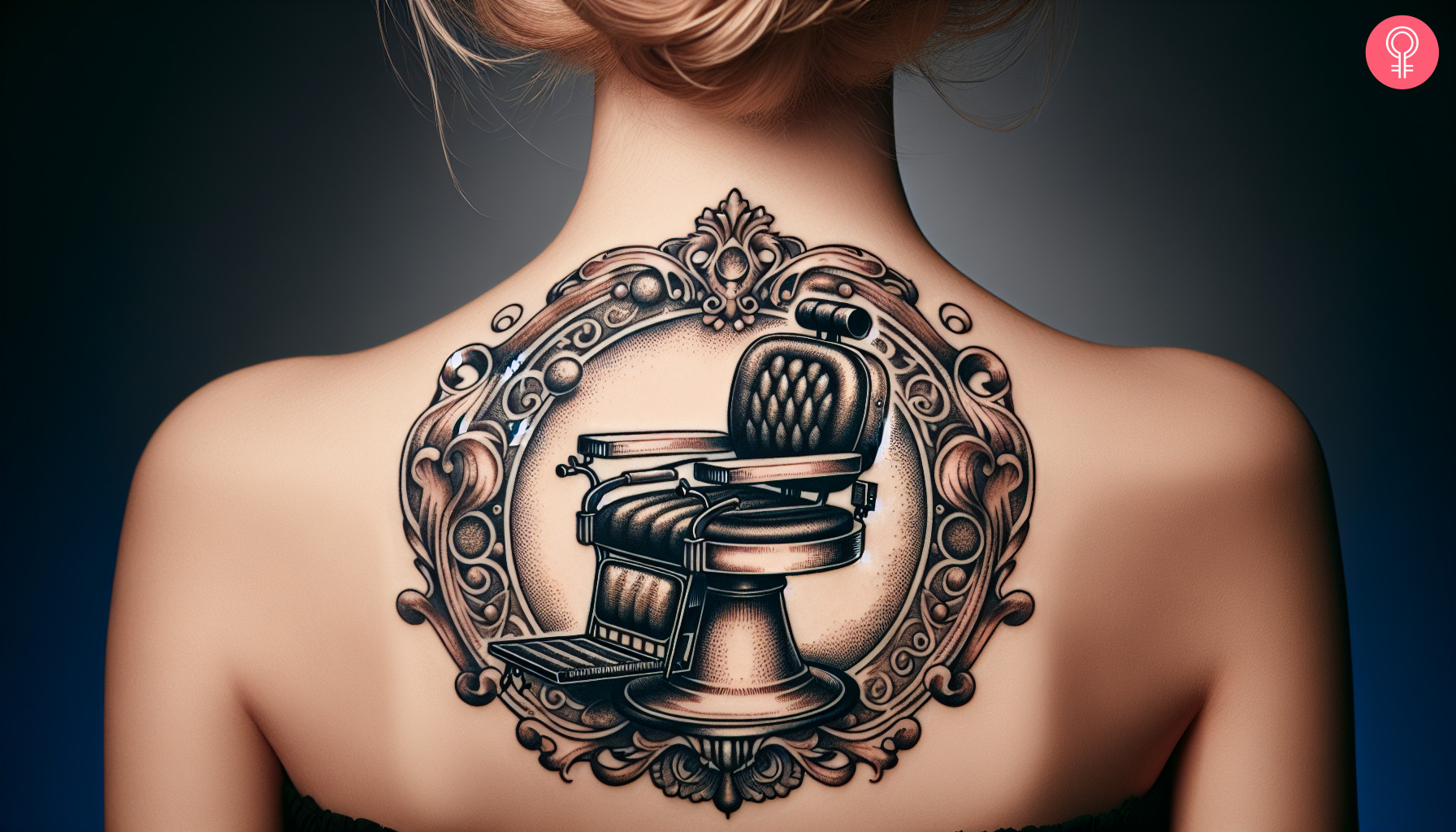 Woman with barber chair tattoo on her upper back