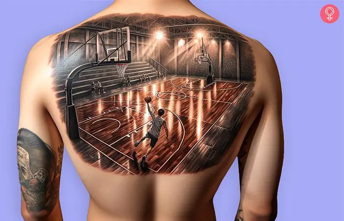 A colored basketball court tattoo on a man’s upper back