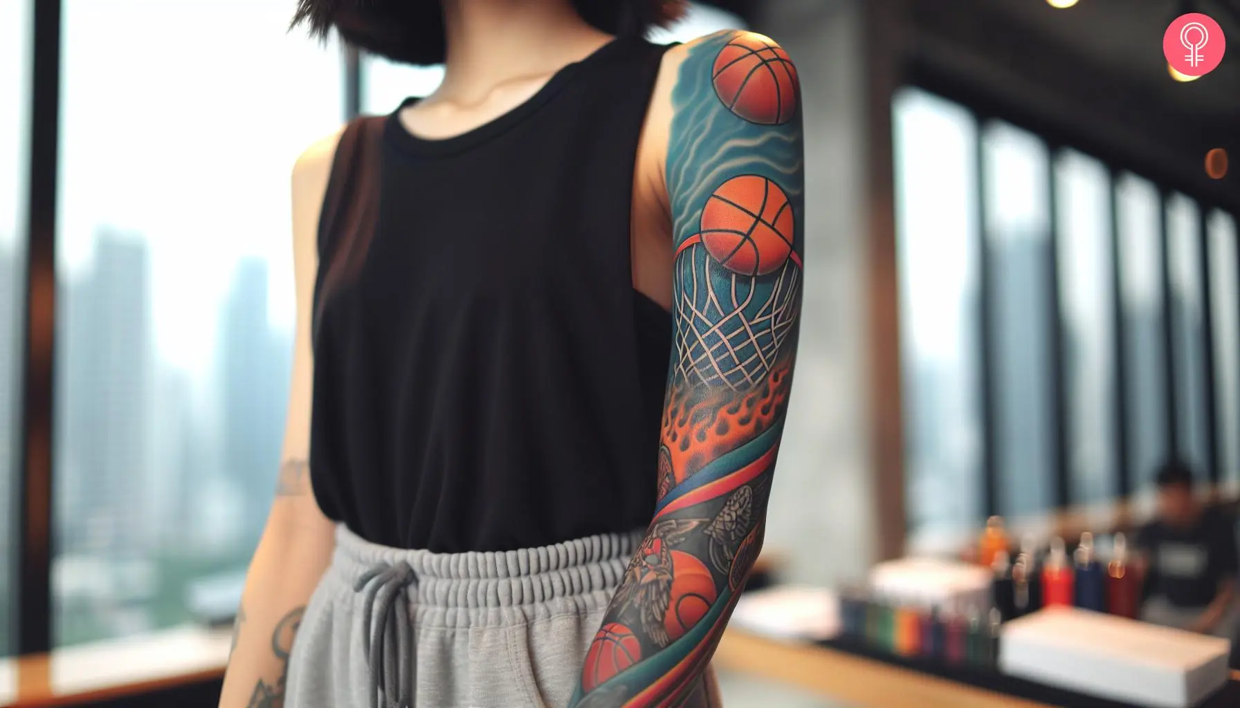 A colorful basketball tattoo on a woman’s sleeve