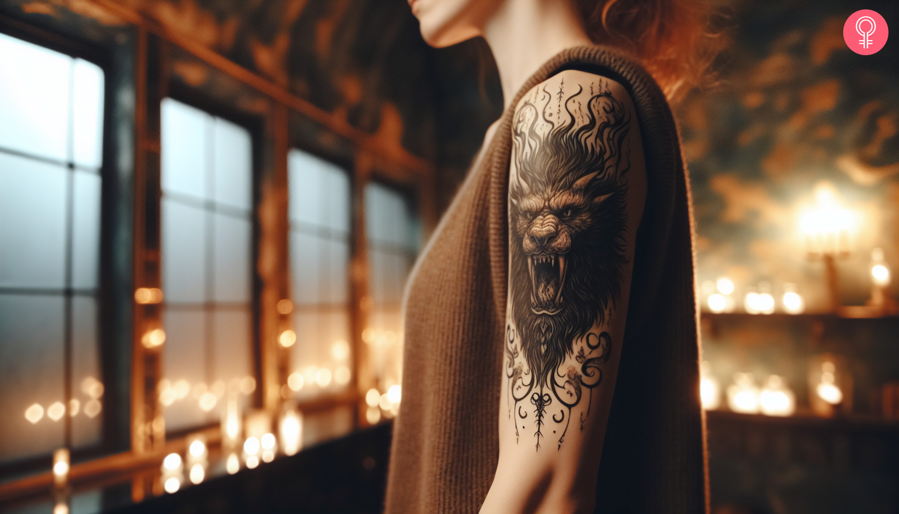 Beast of darkness tattoo on the arm of a woman