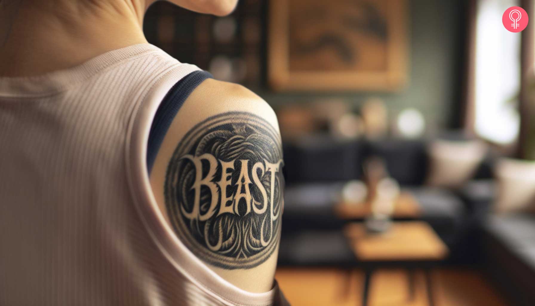 Beast word tattoo on a woman’s shoulder