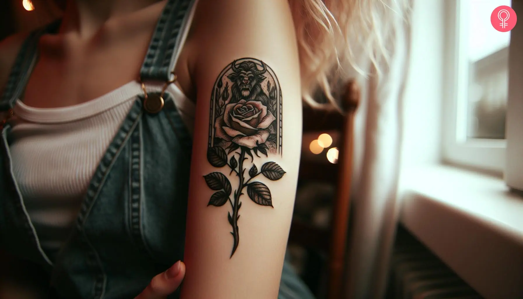 A 'Beauty and the Beast' flower tattoo on a woman’s upper arm