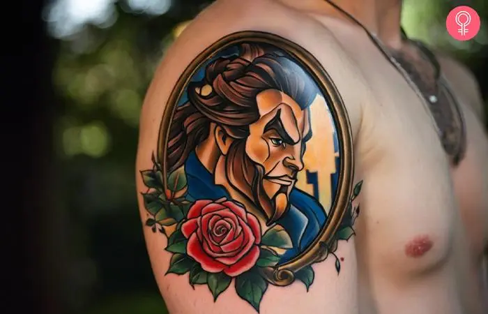 A 'Beauty and the Beast' mirror tattoo on a man’s upper arm