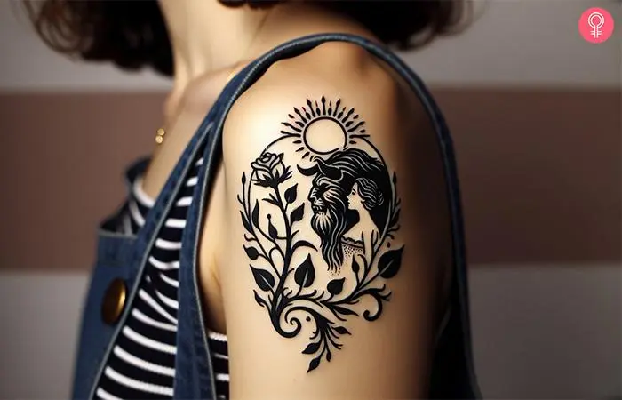 An outline tattoo of 'Beauty and the Beast' on a woman’s upper arm