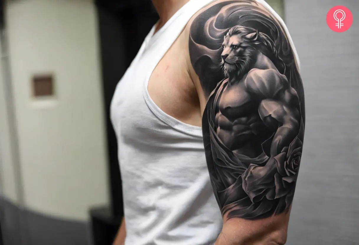 A sleeve tattoo of 'Beauty and the Beast'