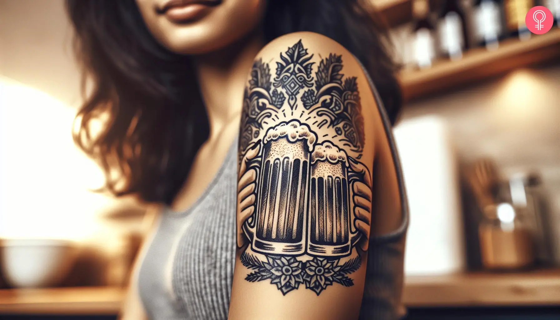 Beer cheers tattoo on a woman’s arm