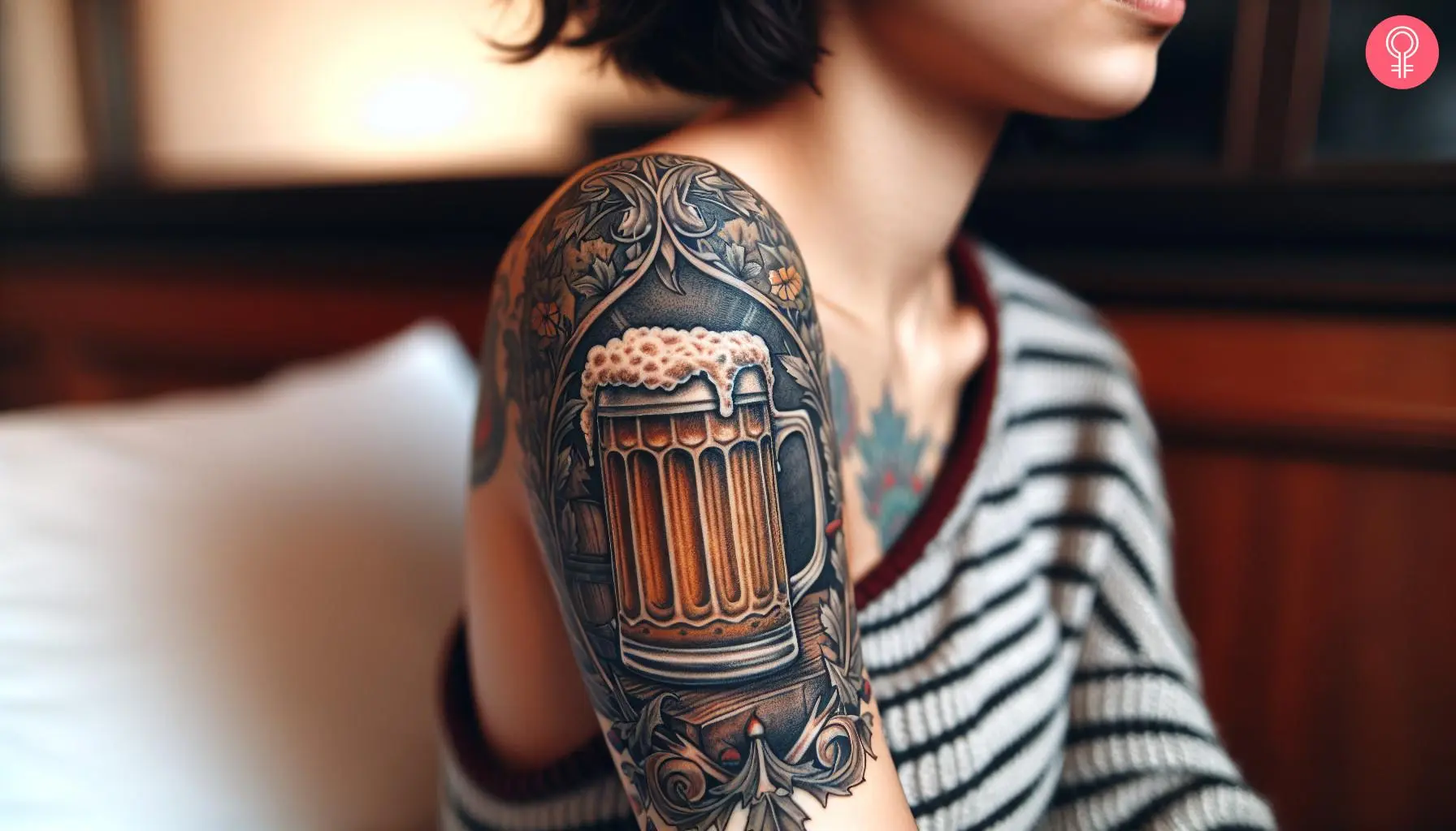 Beer mug tattoo on a woman’s arm