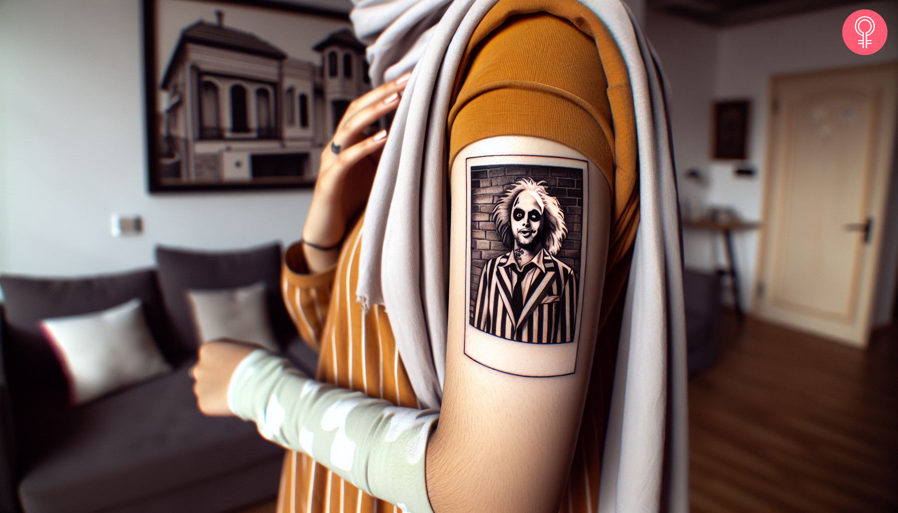 Beetlejuice polaroid tattoo on the upper arm of a woman