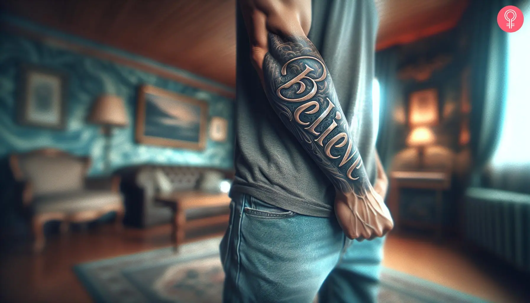 A man wearing believe tattoo on the arm