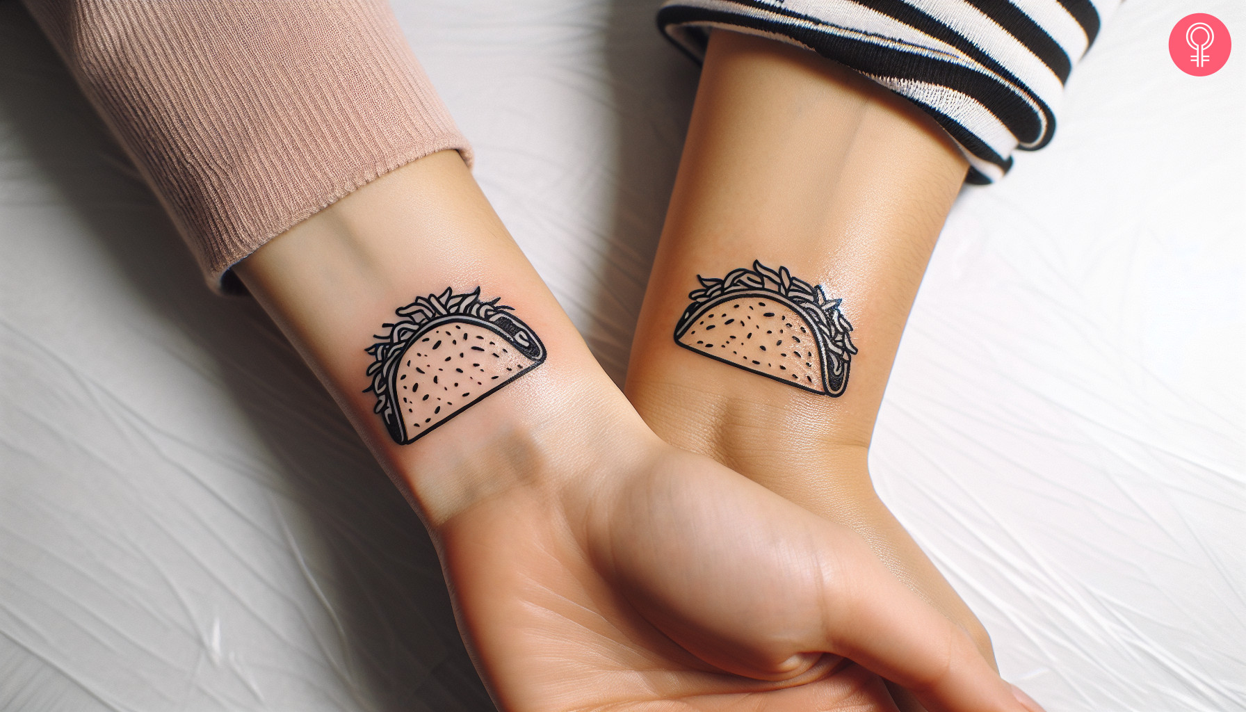 Matching taco tattoos on the wrists of best friends