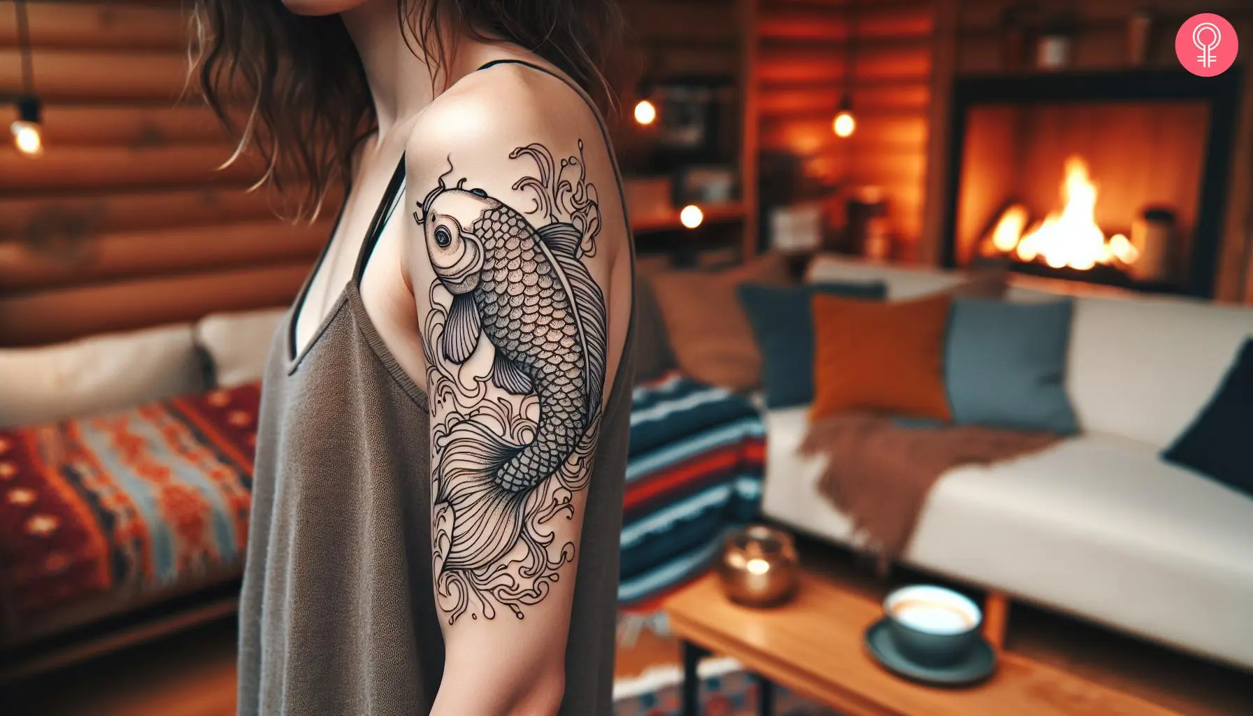 A tattoo on a woman’s upper arm featuring a koi fish