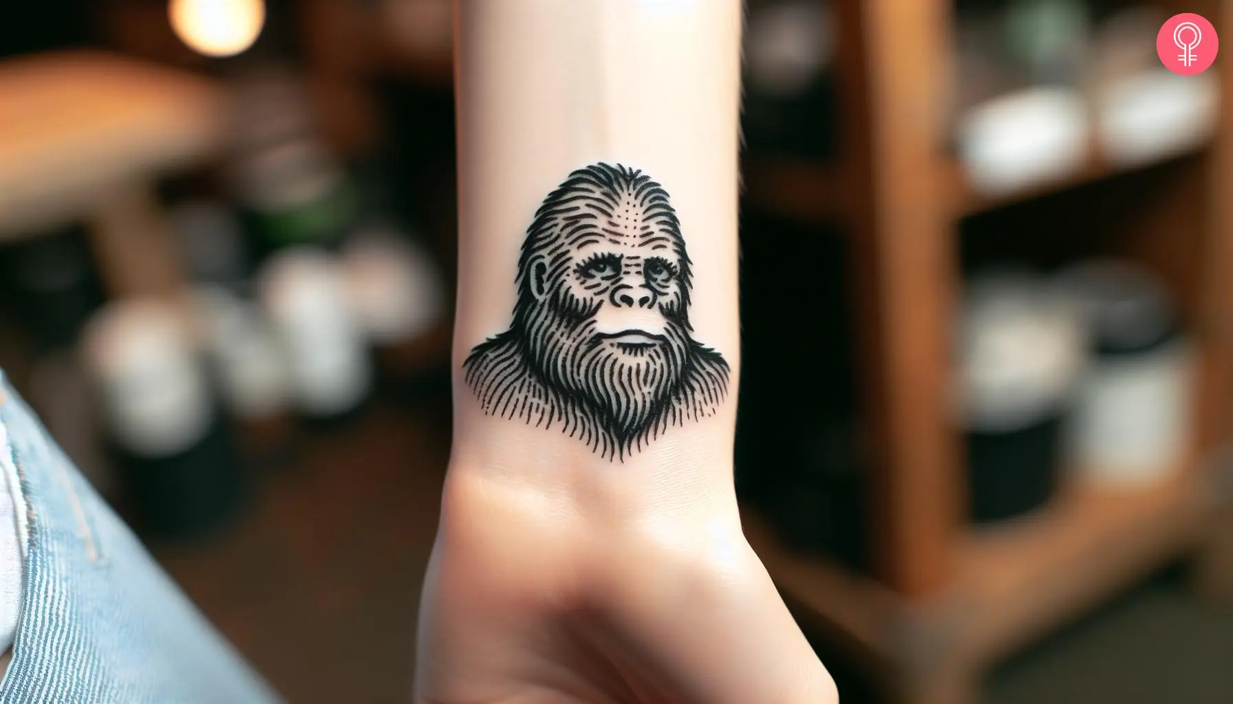 Bigfoot outline tattoo on the upper arm of a woman