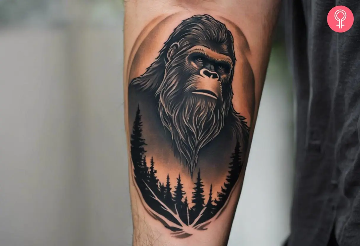 Bigfoot tattoo on the forearm of a man