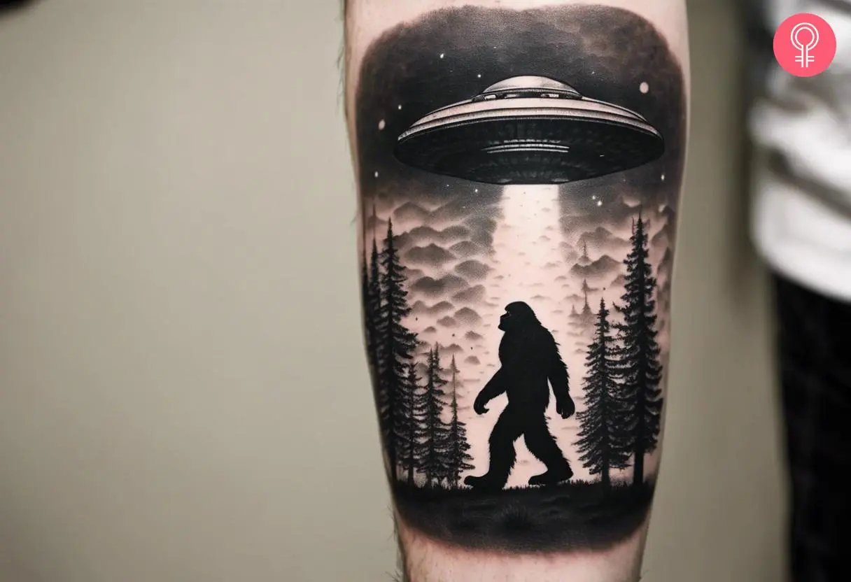 Bigfoot ufo tattoo on the forearm of a man