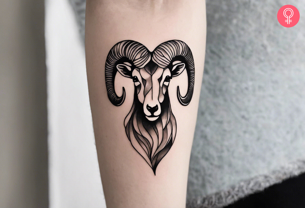 Black and white bighorn sheep head tattoo on the forearm of a woman