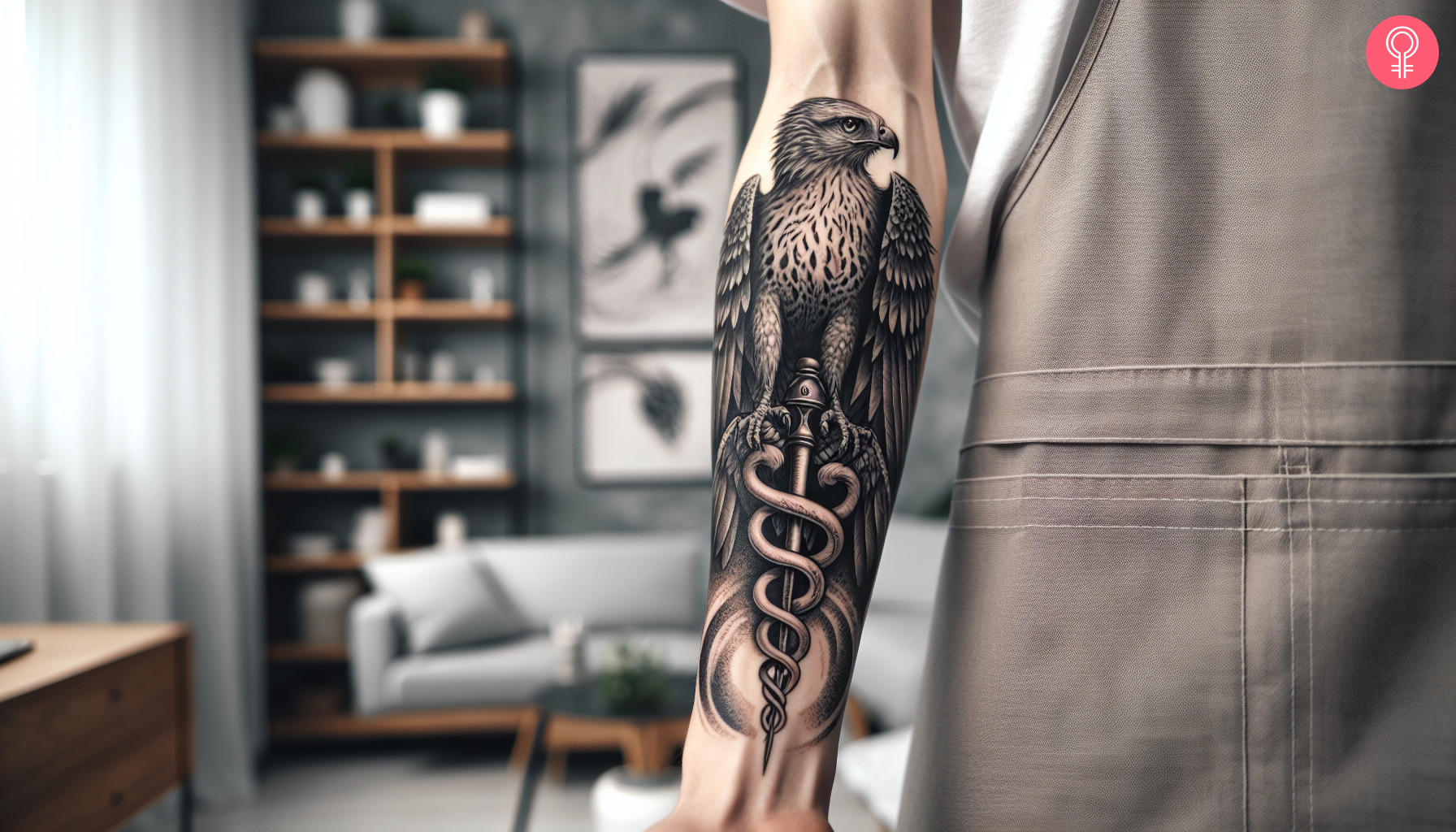 A bird of hermes tattoo featuring a hawk seated on a caduceus