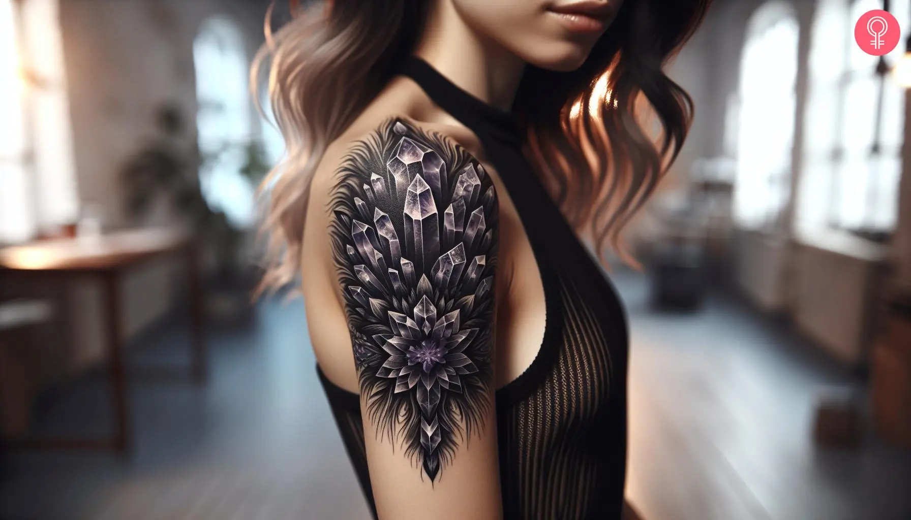 A woman with a black amethyst tattoo on her upper arm